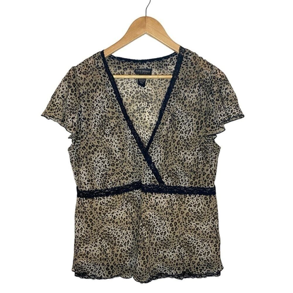 Lane Bryant Sheer Wrap Front Butterfly Short Sleeve V-neck Leopard Print Top